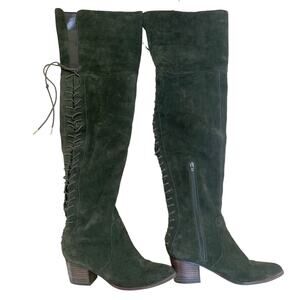 Aldo Size 7 Over The Knee Heeled Boots Olive Green Leather Suede Lace Up